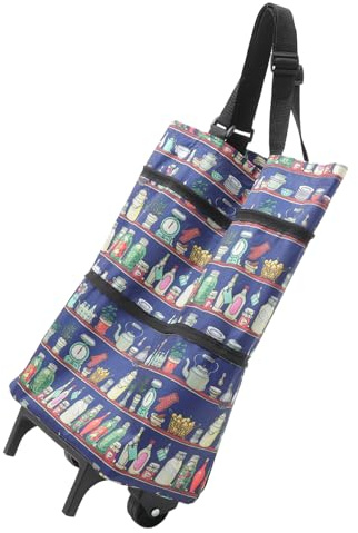 PLAFOPE Foldable Shopping Trolley Tote Bag with Wheels Shopping Bag with Wheels and Pull Handle Canvas Folding Grocery Cart for Travel and Daily Use