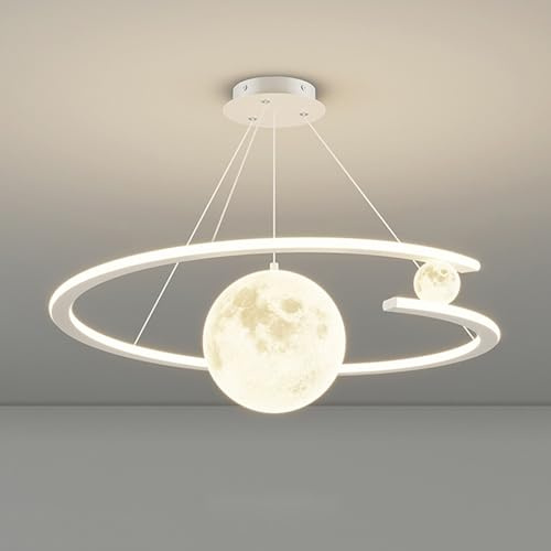 Moderne 3D gedruckte Mond Pendelleuchte Dimmbar Rund LED Hängelampe Mit Fernbedienung Höhenverstellbar Kronleuchter Esstischlampe Höhenverstellbar Hängend für Esszimmer Wohnzimmer Küchen (Weiß)