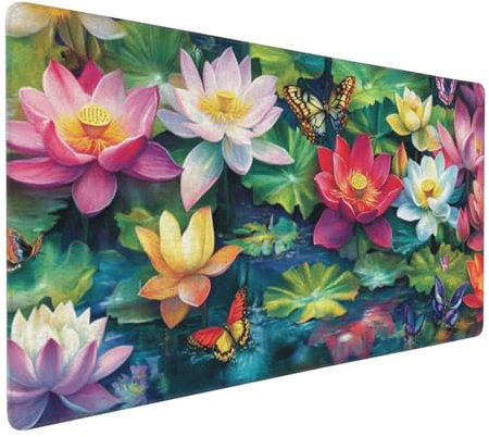 Gaming Mauspad XXL Lotus Mousepad 800x400x4mm Schmetterling Verlängertes Mauspad Schreibtischauflage,Genähte Kanten Mauspad,Verbessert Präzision Geschwindigkeit Wasserdicht Geeignet für Büro,Spiele
