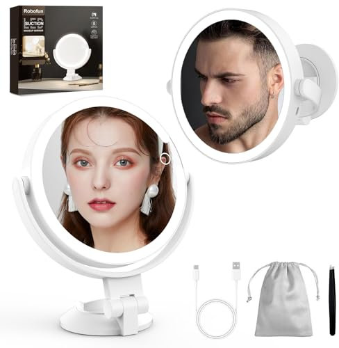 Robofun - Espejo de Maquillaje Luminoso con Ventosa Potente, 10 Espejos de Aumento Luminoso, Regulable en Intensidad, con Altura Ajustable de 25 cm