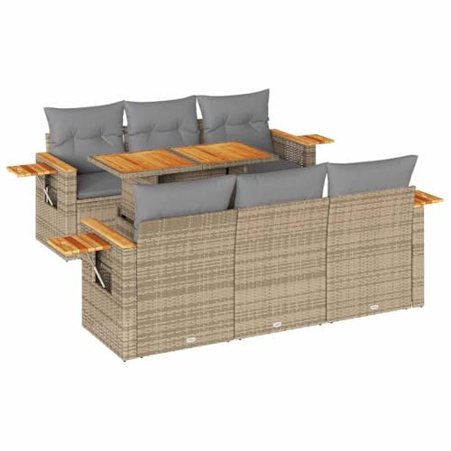 vidaXL 7-TLG. Garten Sofa Garnitur, Sitzgruppe mit Kissen, Gartensofa Lounge Terrasse Modular, Gartenmöbel Sofagarnitur, Beige Poly Rattan Akazie