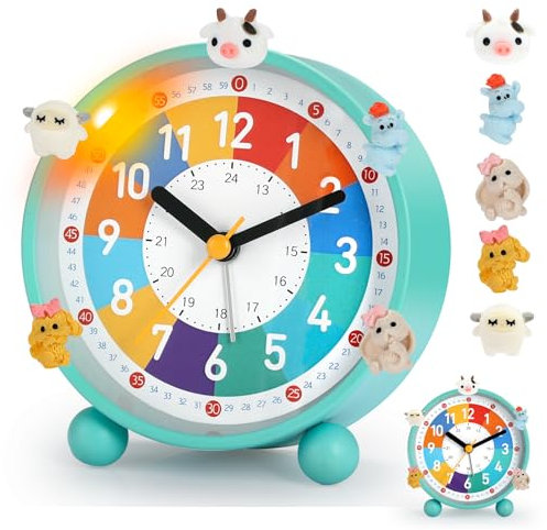 PIXESTT Reveil Enfant, Reveil Enfant Educatif Jour/Nuit IdéAl pour êTre à L’Heure à L'ÉCole, sans Bruit De Tic-Tac avec Fonction Snooze Et Veilleuse, Livré avec 5 Adorables DéCorations De RéVeil