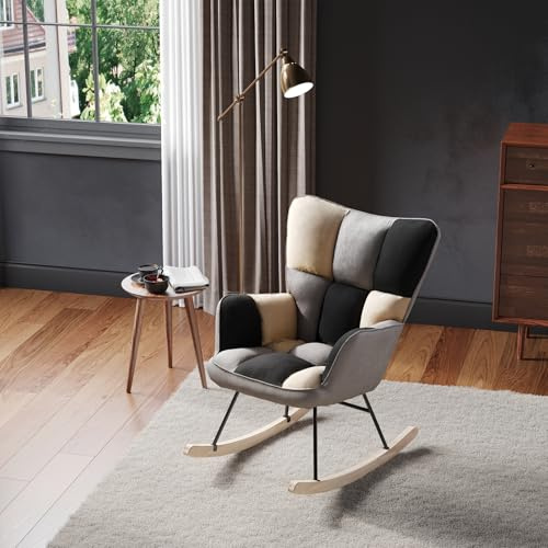 Warmiehomy Comfy Rocking Chair for Living Room Bedroom Office Relaxing Reading Nursing Chair Armchair with High Back Cozy Linen Fabric Rocking Occasional Tub Chairs, Black & Grey & Beige