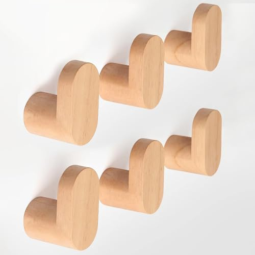 LIVESO Wood Wall Hooks, 6 Pack Modern Minimalist Wood Hooks Wall Mounted, Natural Wooden Wall Coat Hook Rack, Wooden pegs for Hanging Hat, Towel, Robe, Bag