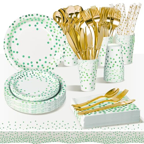 AIPartywar 226pcs Blanc Vert Party Vaisselle,Kit Vaisselles Anniversaire Assiette Dîner Papier Tasse Serviette Réutilisable Vaisselle, Enfants Party Fête Mariages Baby Shower - 25 invités