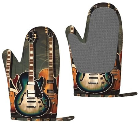 Guitars Art Oven Mitts Set of 2 Heat Resistant Silicone Oven Gloves with Soft Lining Non-Slip Kitchen Cooking Mitt Long Waterproof Potholders Kitchen Essentials