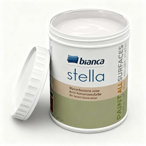 Bianca Stella Pintura para muebles premium sin lijado para cocina y baño, Blanco marfil, Brillante, 1000ml, a base de agua, pintura acrílica para todas las superficies, madera, azulejos, metal