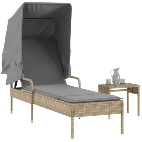 Makastle Sonnenliege Poly Rattan Gartenliege Wetterfest Liegestuhl mit Auflage, Dach und Tisch, Verstellbarer Rückenlehne, Outdoor Liege für Garten oder Balkon, Beige und Grau
