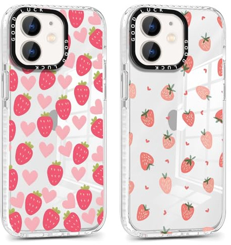 Xylota 2 Pezzi Cover per iPhone 12 Mini 5,4, Trasparente Aesthetic Fragola Cuore Disegni Ragazze Donne Custodia, Morbida Silicone Sottile TPU Bumper Antiurto Protettiva Case per iPhone 12 Mini, Rosa