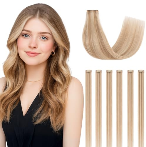 SEGOHAIR Clip in Extensions Echthaar, 6 Stücke Single Clip Highlights Hair Extension Glatt Haarverlängerung Natürlich für Frauen Damen Goldbraun mit Gebleichtem Blond#12P613,35cm 36g