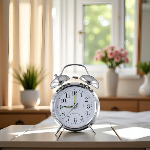 Alarm Clocks for Bedrooms Classic Double Bell Metal Alarm Clock 4 inch with Luminous Hands Traditional Wind Up Mechanical Tabletop Clock Alarm Clock for Heavy Sleepers for Home Decor Office