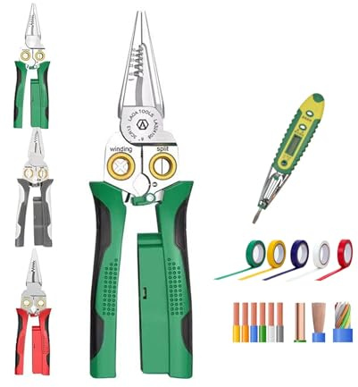 Seese Zange 8 In 1 Abisolierzange Mit Spannungsprüfer Multifunktionales Professionelles Crimpwerkzeug Mit Stiftmultimeter Brechzange Spitzzange Drahtschneiden Ziehen Schaben Pressen(Green)