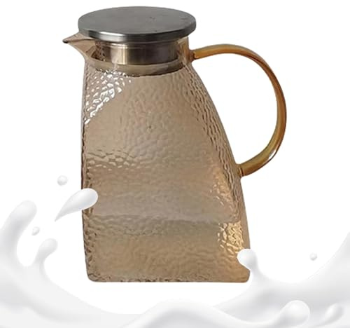 Hammered Water Kettle, Glass Drink Pitcher with Splash Guard Lid, Pattern Beverage Container, Wide Mouth Design, Transparent, Great for Hosting, Birthdays, and Kitchen Drinks