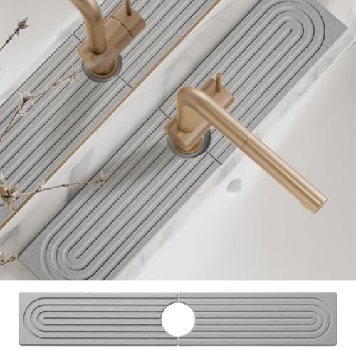 AOWVUTS Tapis de Robinet pour Evier de Cuisine Contour de Robinet Absorbant Tapis Plateau en Pierre Diatomite Protection Contre Les Éclaboussures Tapis d'Évier pour Comptoir de Salle de Bain (LGris)