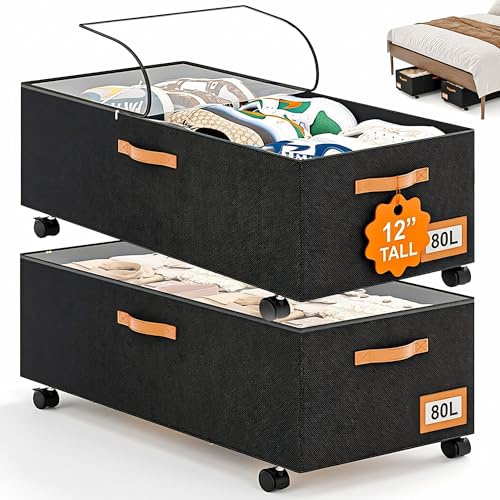 Under Bed Storage with Wheels, 12 Height Under Bed Storage Extra Deep Under Bed Storage Containers, Perfect for 14'' Bed Frame, No Assemble Metal Rolling Underbed Storage for Clothes Shoes Blankets