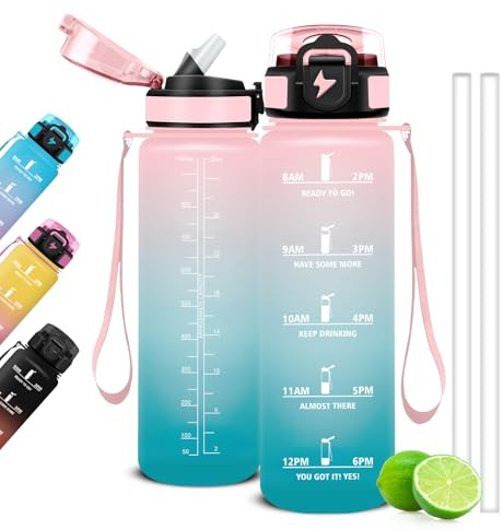 Mujigaga 1 liter vattenflaska, gymflaska med sugrör och tider för att dricka, motiverande sportflaskor, läckagesäkra flaskor för gym, skola, yoga