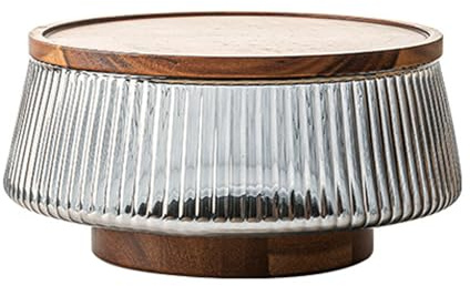 dwxnauixl Vassoio per frutta in vetro e legno di acacia, insalatiera con base, per servire insalate e snack, grande capacità, insalatiera in vetro con base legno, digitare+4