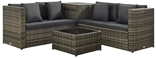 QJBSAVVA 4-TLG. Garten-Lounge-Set Poly Rattan Grau mit Truhe 118 x 60 x 64 cm Modernes Design Robustes Aluminiumgestell für Balkon Terrasse und kleine Gärten