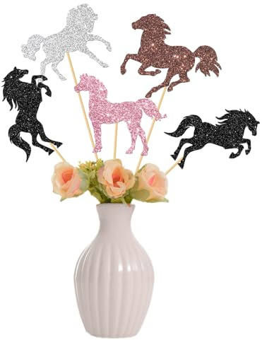 Horse Centerpiece Sticks - Horse Racing Birthday Baby Shower Party Centerpieces - Equestrian Anniversary Party Table Decorations - Glitter 12 Pack