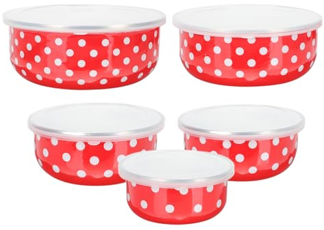 Toyvian Juego de 5 Cuencos de Esmalte con Tapa Tazones para Mantener Frescura Ensaladera Portátil para Ensaladas Frutas y Sopa Recipientes Apilables para Almacenamiento en Cocina