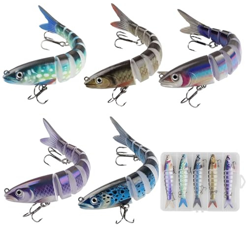 5 Pcs Pike Fishing Lures for Bass Trout, Fishing Bait Set with Hooks Slow Sinking 8 Segmented Multi Jointed Swimbait Lifelike Pike Swimbait with Box for Freshwater and Saltwater