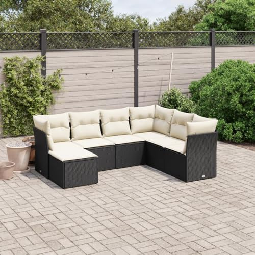 LoogCape Ensemble de 7 meubles de jardin en polyrotin noir avec coussins blancs crème - Groupe de sièges d'extérieur modulaires pour terrasse, balcon et véranda