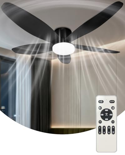 FYLXURO 106cm Ceiling Fans with Lights and Remote, 42'' Dimmable LED Ceiling Fan Light, 6 Speeds Reversible Quiet Low Profile Modern Fan, 3000K-6500K & Timer for Bedroom, Living Room (Black 5-Blade)