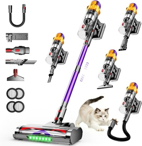Authmic Akku Staubsauger, 65kPa/70Min Staubsauger kabellos, 1.8L Staubbehälter, 8-stufiges Filtersystem, LED-Display, V-Anti Tangle und Grünes Licht für Tierhaare, Teppich und Hartböden, Lila
