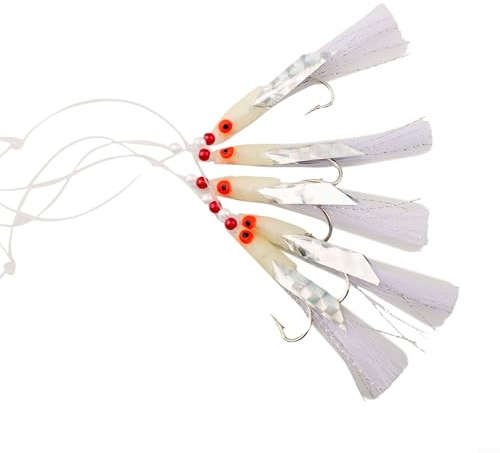 Lot de 5 leurres de pêche souples Sabiki avec 6 hameçons en aluminium rouge et blanc pour maquereau hareng pour appâts en haute mer en acier à haute teneur en carbone taille 3/0
