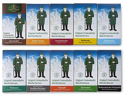 Crottendorfer Räucherkerzen 10er Pack (10 x 24 Stück) – Weihrauch, Tannenduft, Sandelholz, Zimtapfel & mehr – Höhe 2,7cm, Ø 1,2cm – Angenehmer Duft mit Circa 15 Min. Brenndauer pro Räucherkegel