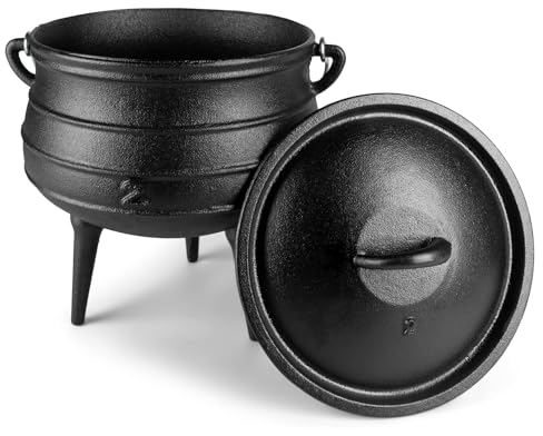 Bruntmor Calderone in ghisa pre-stagionato | Pentola africana Potjie con coperchio | 3 gambe per una distribuzione uniforme del calore – Premium Camping olandese forno pentole per cottura a fuoco – 6