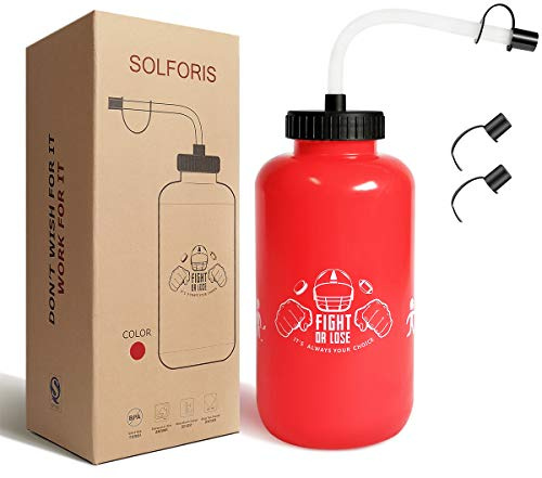 SolForis Hockey Water Bottles with Long Straw, Fit for Football Lacrosse Gym Sport, Plastic Squeezable Leakproof BPA Free, No Strange Smell, Easy to Clean, 1 Liter 32 oz (3 Straw Caps) (red)