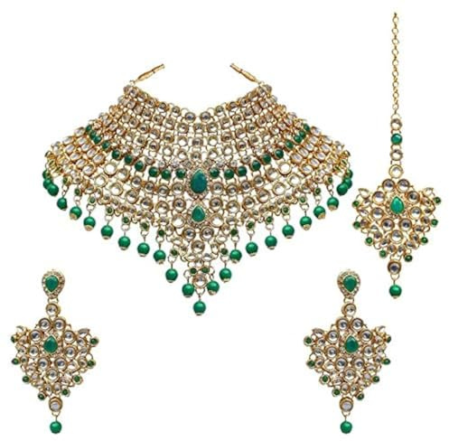 I Jewels 18 Karat vergoldete indische Hochzeit Bollywood Kundan und Stein besetztes Choker Halskette Schmuckset für Braut Dulhan (IJ021), Stein Gold