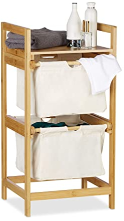 Relaxdays Wäschekorb Bambus, Wäschesortierer mit Ablage, 2 Schubladen, ausziehbar & tragbar, Wäschesammler 25 L, Natur, 1 Stück