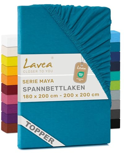 Lavea® Topper Spannbettlaken 180x200 cm - 200x200 cm - Aquamarin | Maya 100% Jersey Baumwolle – Weiches Spannbetttuch Topper bis 10 cm, atmungsaktives Bettlaken, formstabil & pflegeleicht