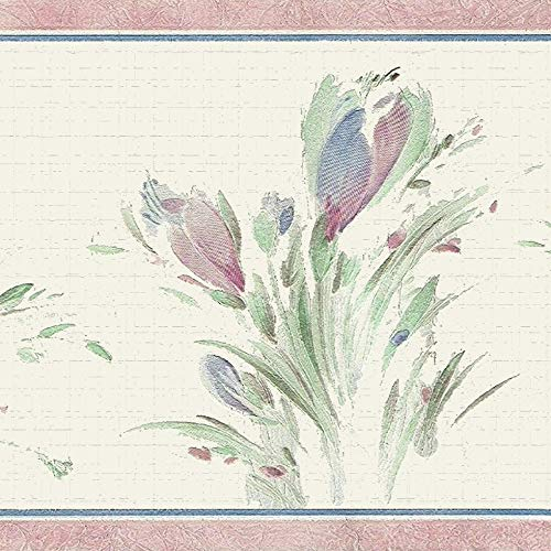 Dundee Deco DDAZBD9022 Tapetenbordüre, zum Abziehen und Aufkleben, Blumenmuster, Blau, Grün, Sepia-Wiesenstrauß, Wandbordüre, Retro-Design, 4,57 m x 17,78 cm, selbstklebend