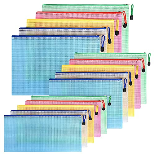 FYY Dokumententasche A4+A5+A6,15 Stücke (Je 5)Datei Taschen mit Reißverschluss,Mesh Kunststoff Reißverschlusstasche,Schulbüro Hausaufgaben für Datei,Papier,Quittungen,Dokumente,Kosmetika,Farbe Taschen