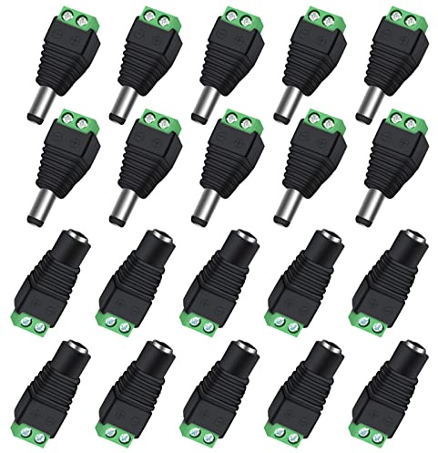 Aroidful 10 Pairs 5.5mm x 2.1mm 12V DC Power Connectors, Black | Male & Female Jack Plugs for CCTV Cameras, LED Strip Lights