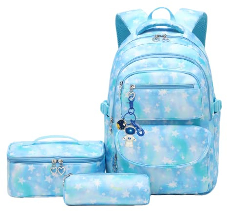 Ensemble de 3 sacs à dos pour filles avec sac à déjeuner pour enfants, cartable, cartables, 3 pièces - Étoile bleue, 3Pcs Backpack Set, Moderne