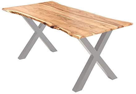 SAM Esstisch 300x100 cm Burgos, Akazienholz massiv + naturfarben + lackiert, echte Baumkante, Baumkantentisch mit X-Gestell aus Metall Silber, Tischplatte 26 mm