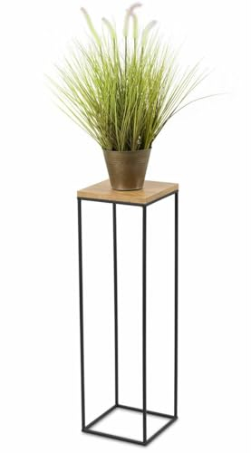 HowHomely Pflanzenständer Metall 80 cm Hoch - Stabiler und Fester Blumenhocker im Loft Stil - Blumenständer mit Eiche Optik MDF-Platte für die Innendekoration