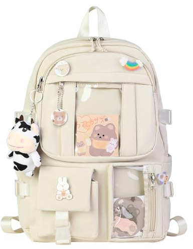 Horhear - kawaii-ryggsäck för skolan, söt ryggsäck med kawaii-tillbehör, broscher med tecknade figurer och hänge med gosedjur
