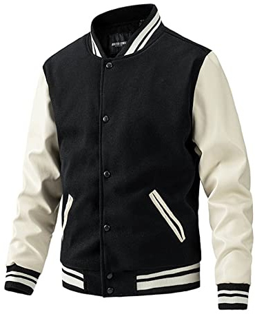 SOOUICKER College Jacke Herren Lederärmel Kunstleder Bomberjacke Winter Football Baseball Jacke Oldschool Lederjacke Warm Zweifarbig