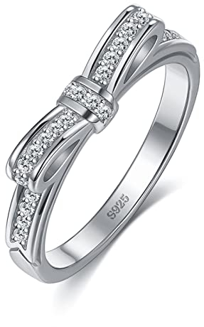 Whoiy Ringe Silber Zirkonia, Silberring Unisex Größe 52 (16.6) Weißes Gold Schleife mit Zirkonia Kostenlose Gravur Geschenk zum Valentinstag