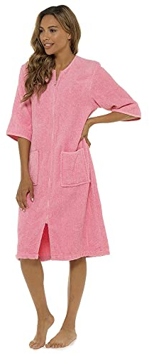 Thingimijigs Peignoir pour femmes, 100 % coton, éponge, fermeture éclair, robe de maison, rose, 44-46