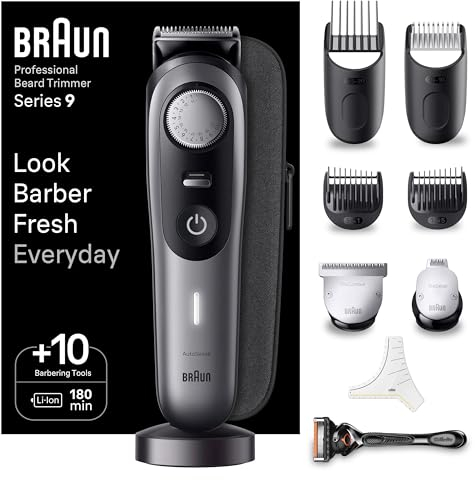 Braun Barttrimmer, Bartschneider/Trimmer/Haarschneider Herren, Haarschneidemaschine Profi, 40 Einstellungen, Ladestation, Reiseetui, Bartschablone, 180 Min. kabellose Laufzeit, BT9420