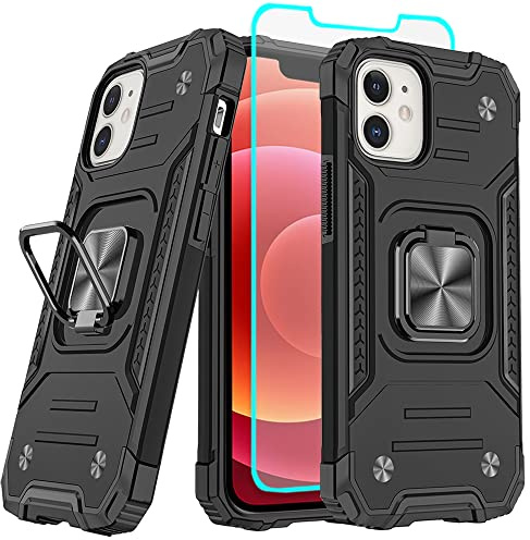 Cuoqing for iPhone 12 Case with Screen Protector, 360°Military Grade Rotatable Kickstand (Heavy Duty) Shockproof Protective Cases for iPhone 12 phone case（Black）