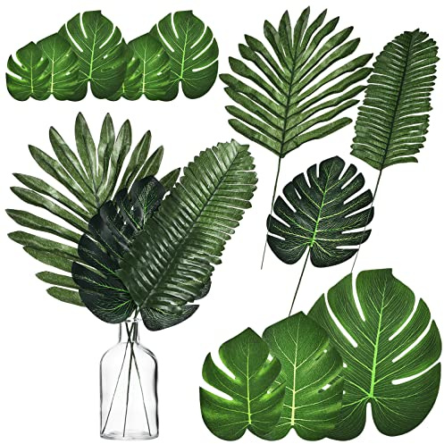 GANAZONO 30 Teiliges KüNstliche PalmbläTter Set Mit Biegsamen Stielen Tropische Monstera BläTter FüR Hawaii Luau Party Strand Dschungel Deko Und DIY Blumenarrangements