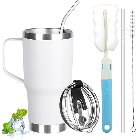 GUDEMAO 20 oz Tumbler with Handle, Stainless Steel Insulated Tumbler with Lid and Straw, Double Wall Vacuum Coffee Mug Tumbler, Insulated Coffee Thermal Cup for Cold and Hot (White)
