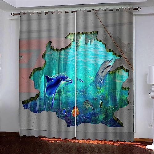 Verdunkelungsvorhänge Kräuselband Meereslebewesen Delphin 140 X 160 cm (B X H) Set Kindergardinen Mädchen Verdunkelungsvorhänge Mit Ösen Blickdichter Kinderzimmer Schlafzimmer Vorhang